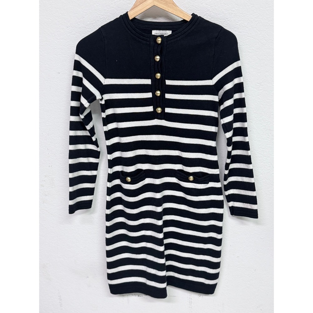 Free Assembly Womens Navy White Striped Henley Sweater Dress Gold Buttons Small